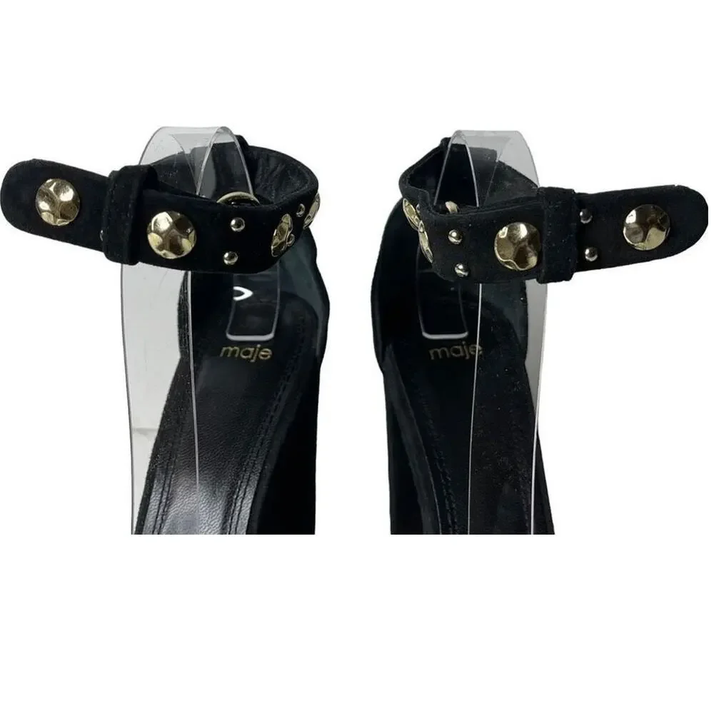Maje Womens Studded Suede Black Gold Block Heels Sandals Size EU 39 US 8.5-‎ 9